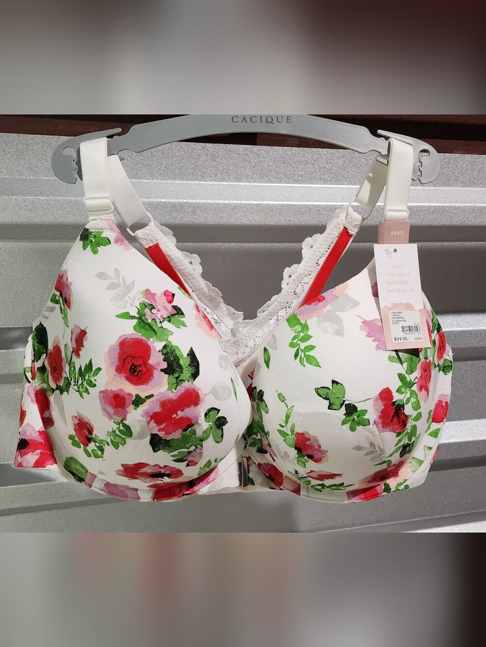 Cacique Cream Floral Molded T-Shirt Bra with Red & Green Accents